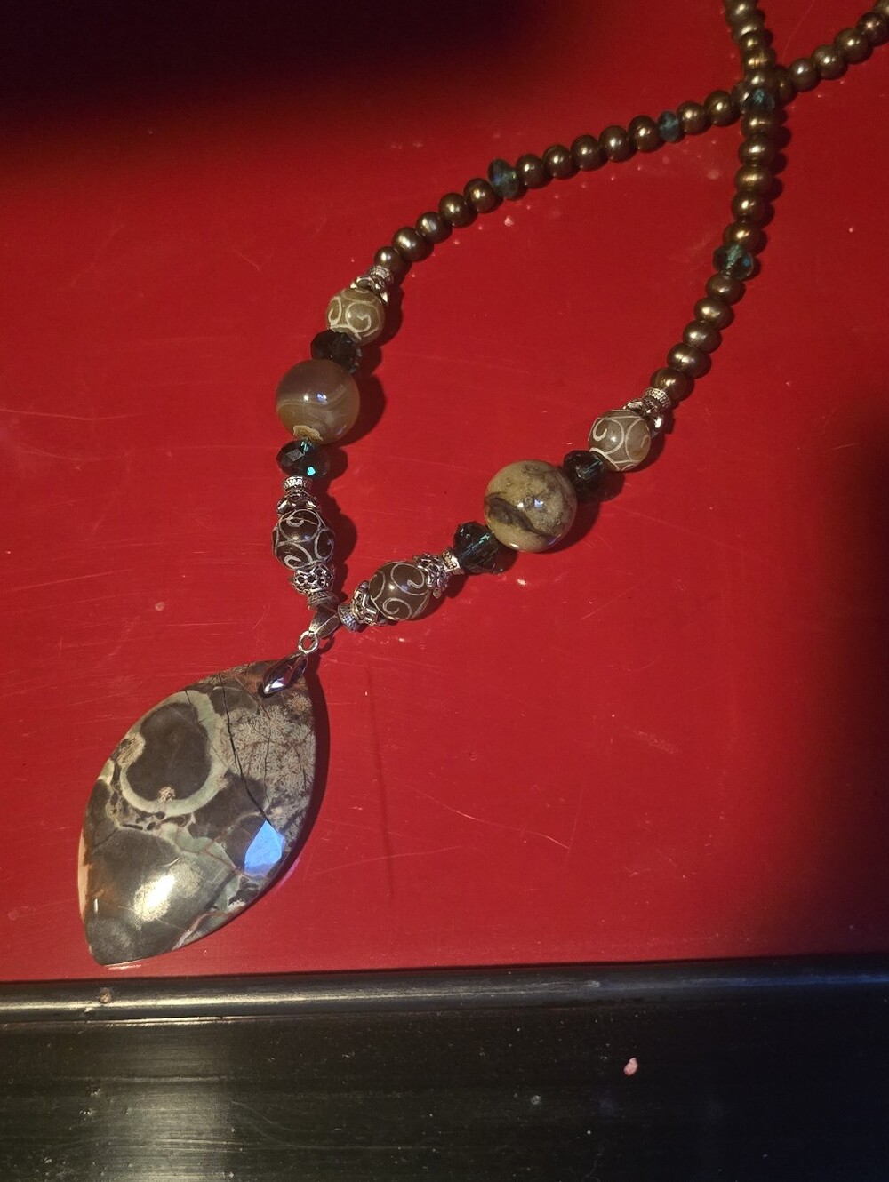 Handcrafted Vintage High End Silver Jasper  Pendant Beaded Pearls Necklace
